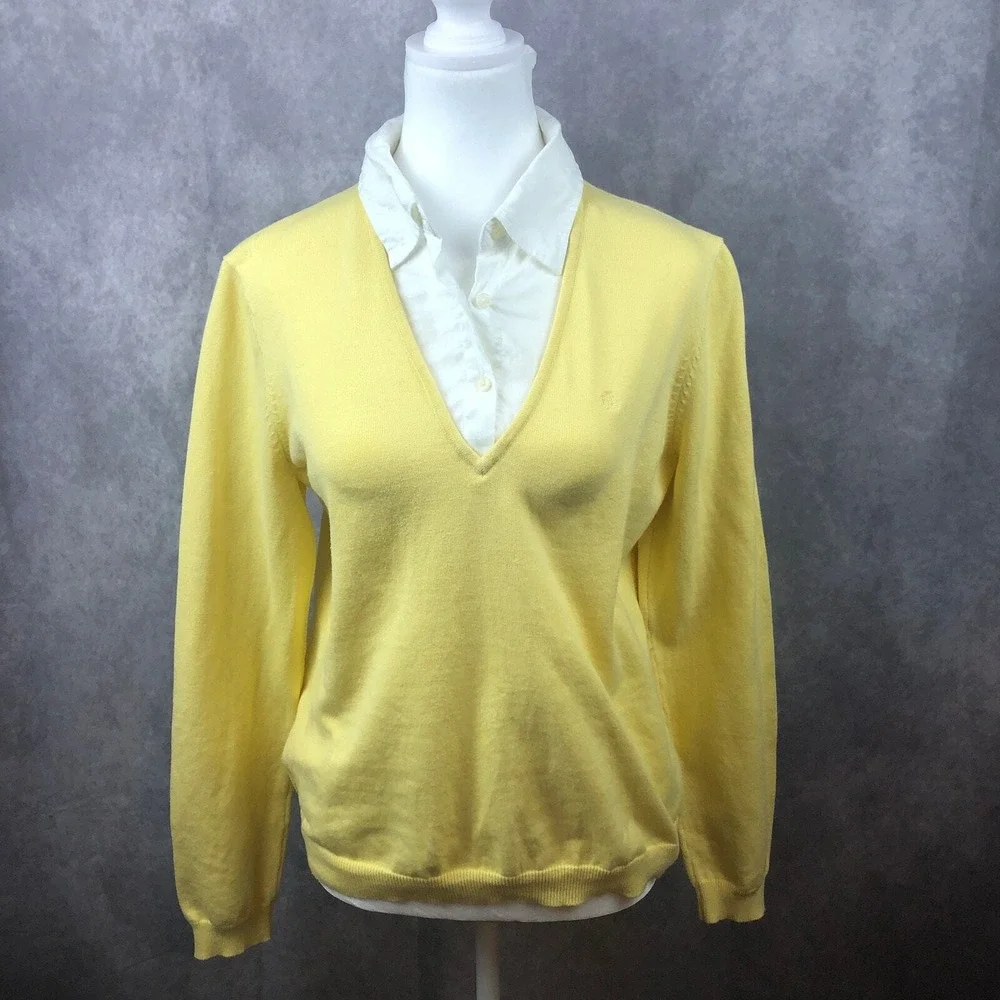 Lauren Ralph Lauren Sweater Womens Large Cotton Linen Yellow White Pullover